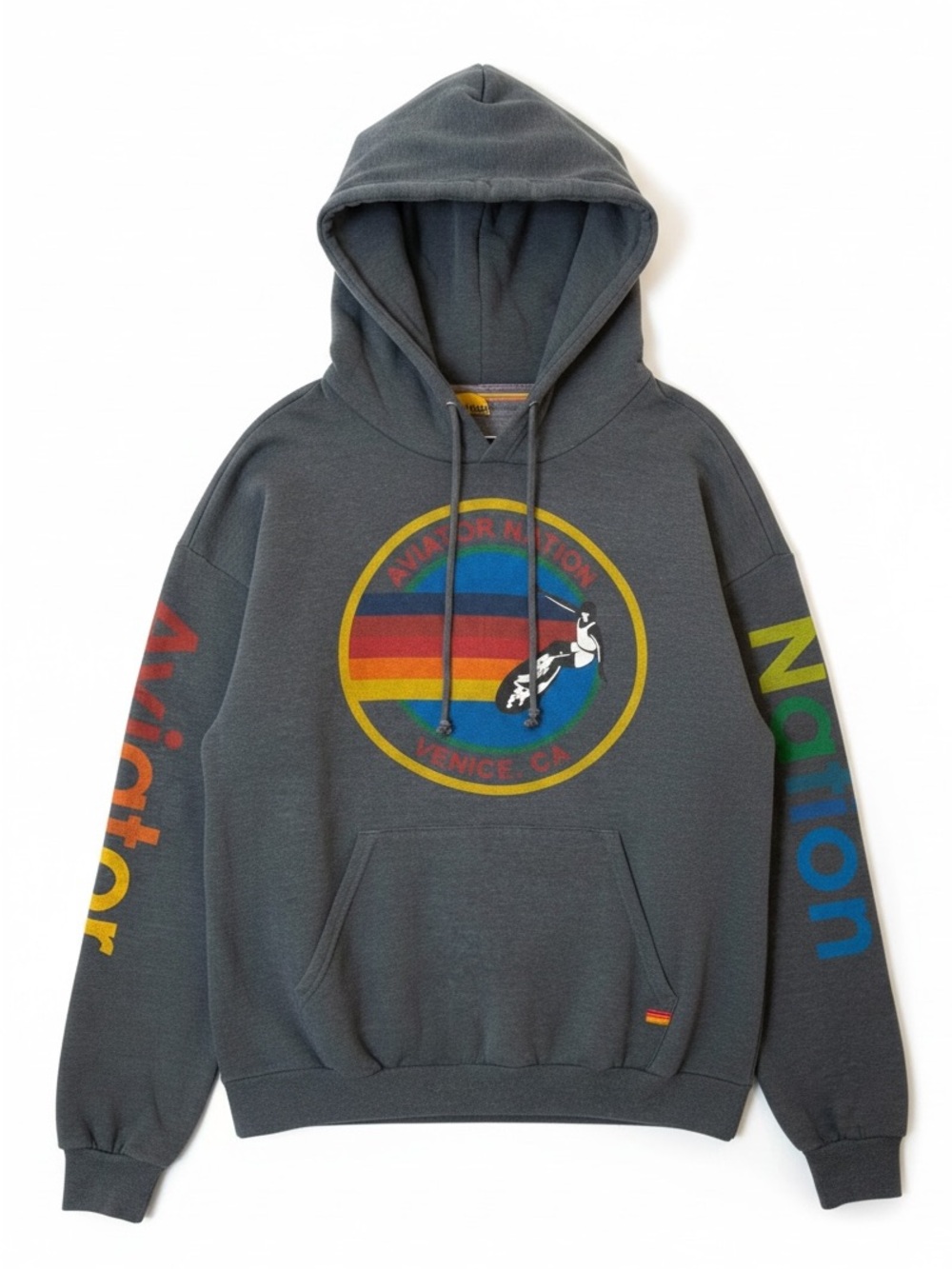 Aviator Nation Venice CA Rainbow Logo Pullover Hoodie Gray Large Made in USA